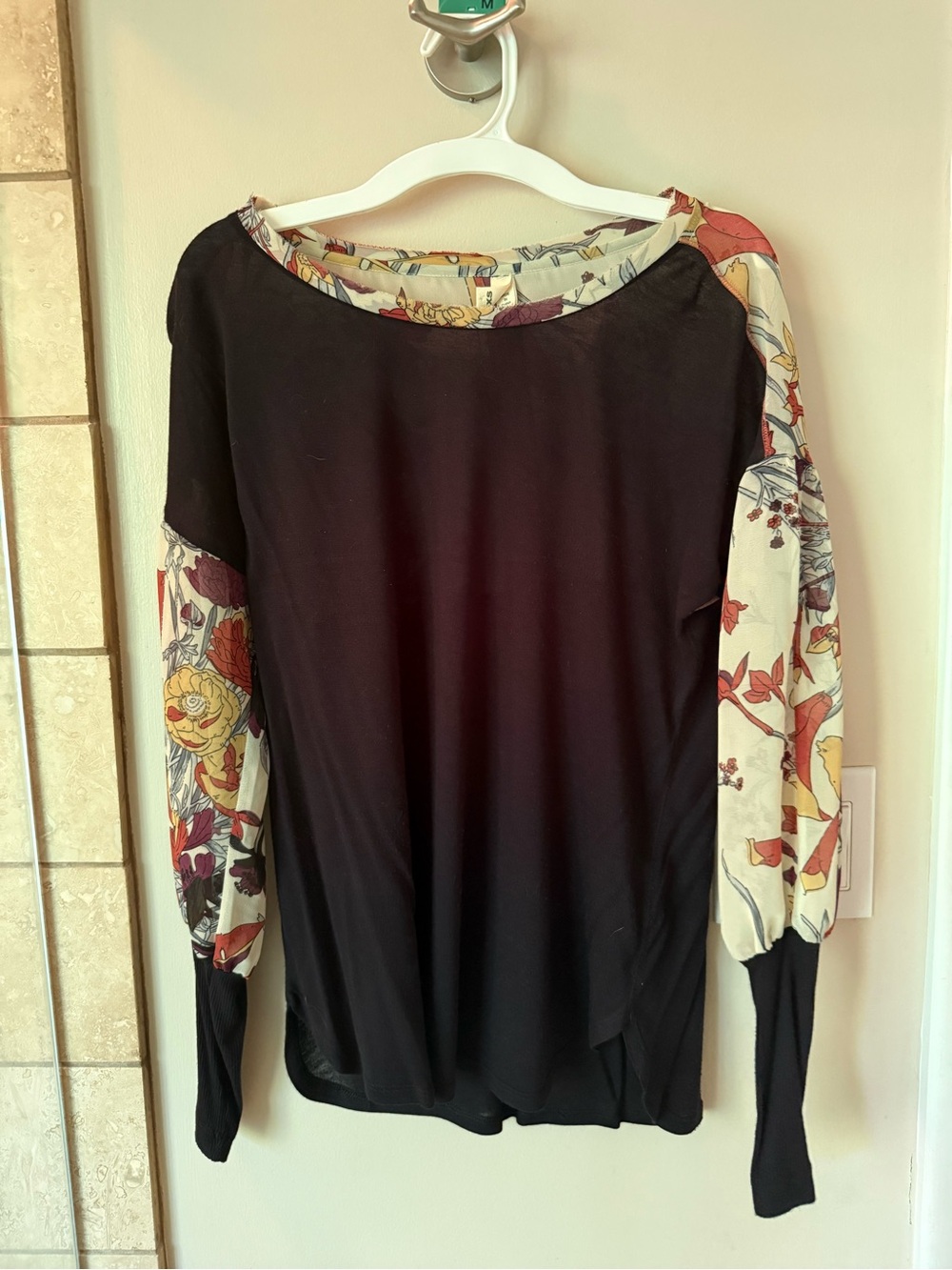 Black Long-Sleeve Top with Floral Accent Sleeves Anthropologie XS